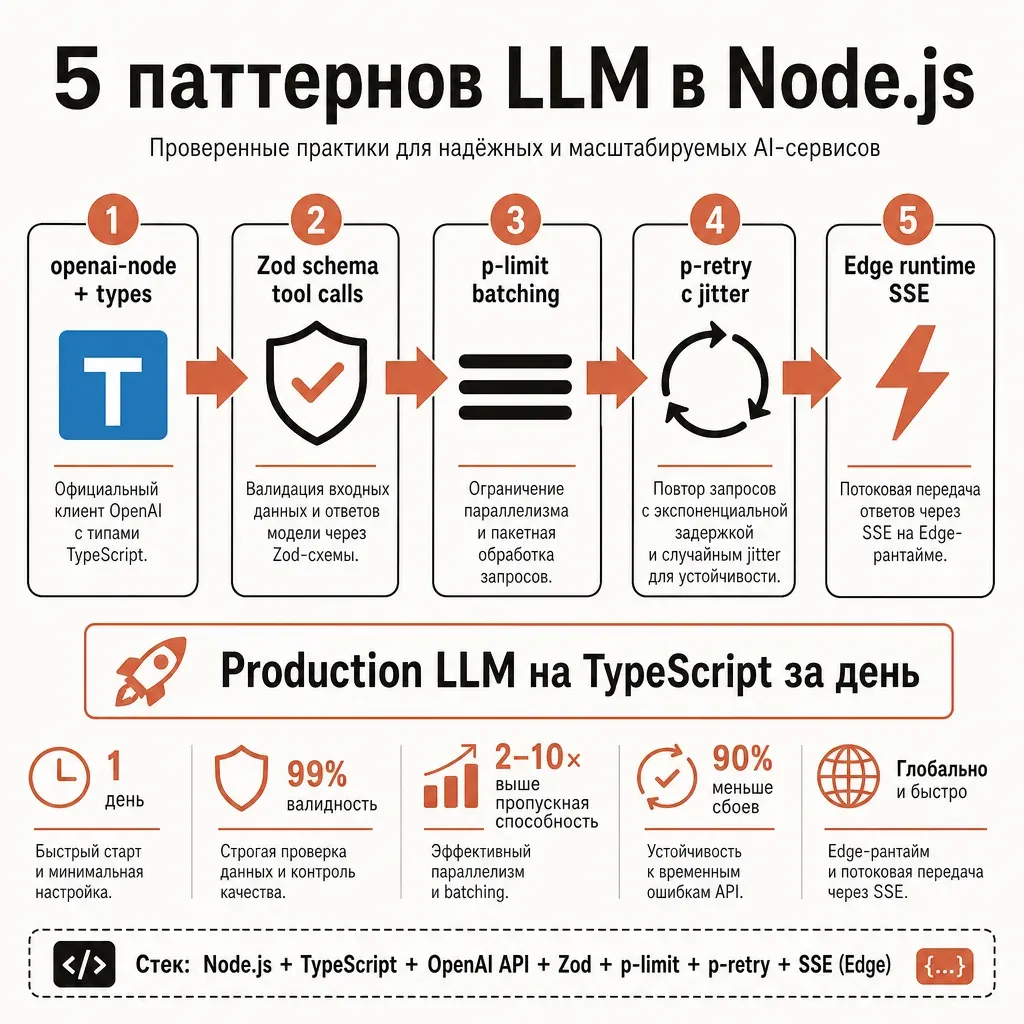 Финальная инфографика production стека Node.js: 5 пронумерованных блоков — «1. openai-node + types», «2. Zod schema tool calls», «3. p-limit batching», «4. p-retry с jitter», «5. Edge runtime SSE»; терракотовые стрелки между блоками; снизу подпись «Production LLM на TypeScript за день»; заголовок «5 паттернов LLM в Node.js»