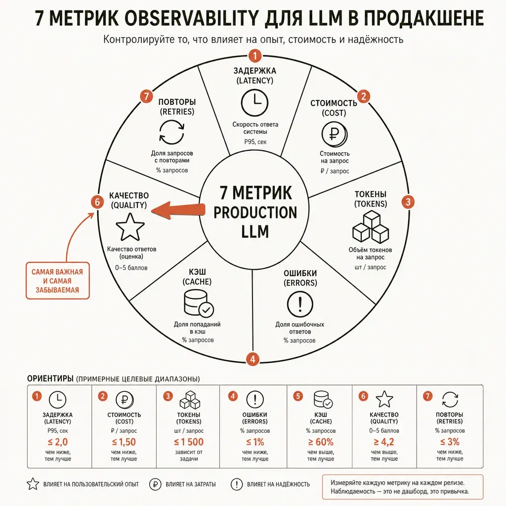 Диаграмма 7 метрик observability в виде циферблата: 7 равных секторов с подписями latency, cost, tokens, errors, cache, quality, retries; терракотовая стрелка указывает на quality как самое важное; заголовок «7 метрик LLM-приложения»