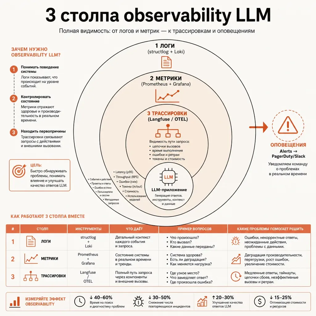 Финальная инфографика observability стека: 3 концентрических кольца — внешний «Logs (structlog + Loki)», средний «Metrics (Prometheus + Grafana)», внутренний «Traces (Langfuse / OTEL)»; стрелка снаружи к алертам PagerDuty/Slack; заголовок «3 столпа observability LLM»