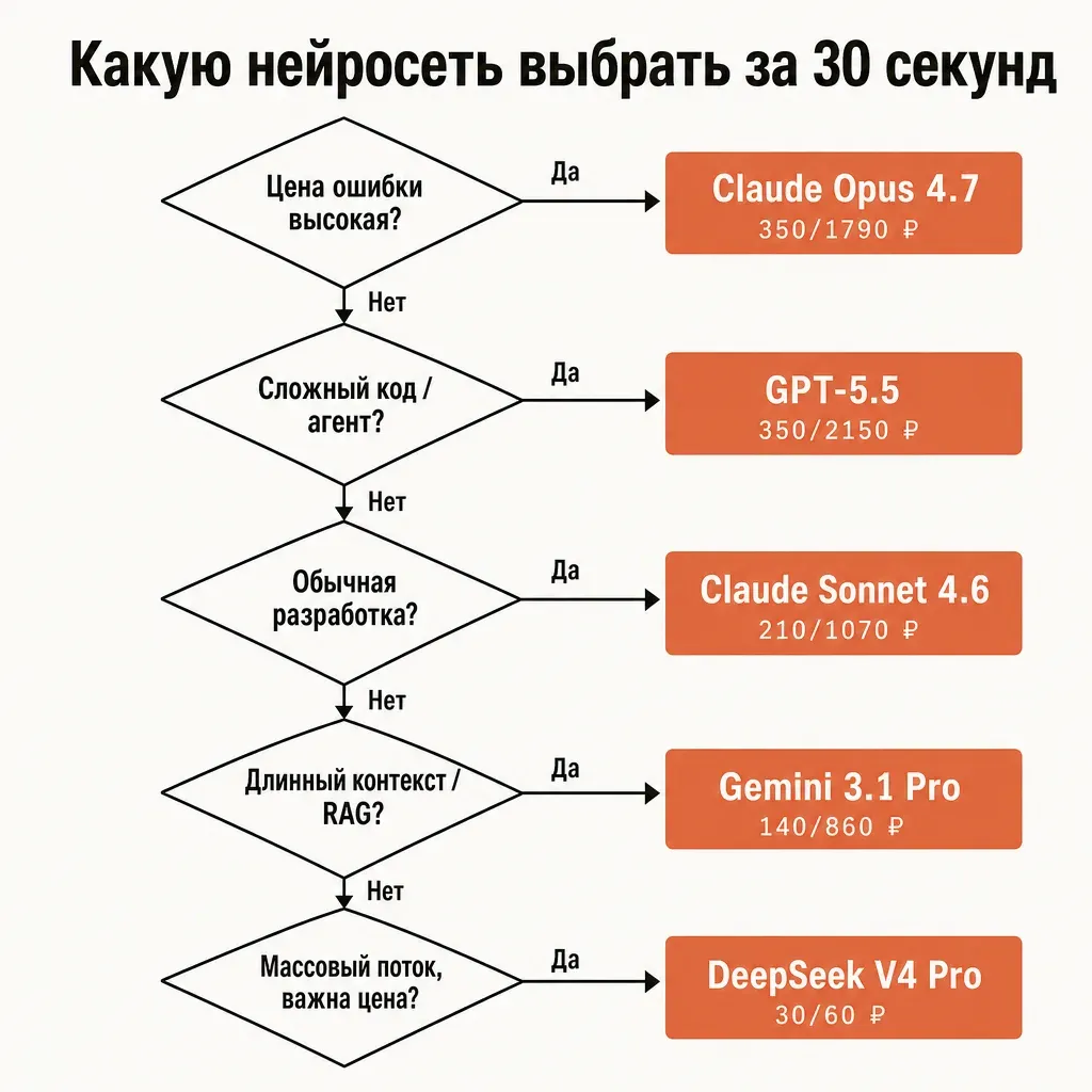 Дерево выбора нейросети 2026 под задачу с ценами в рублях