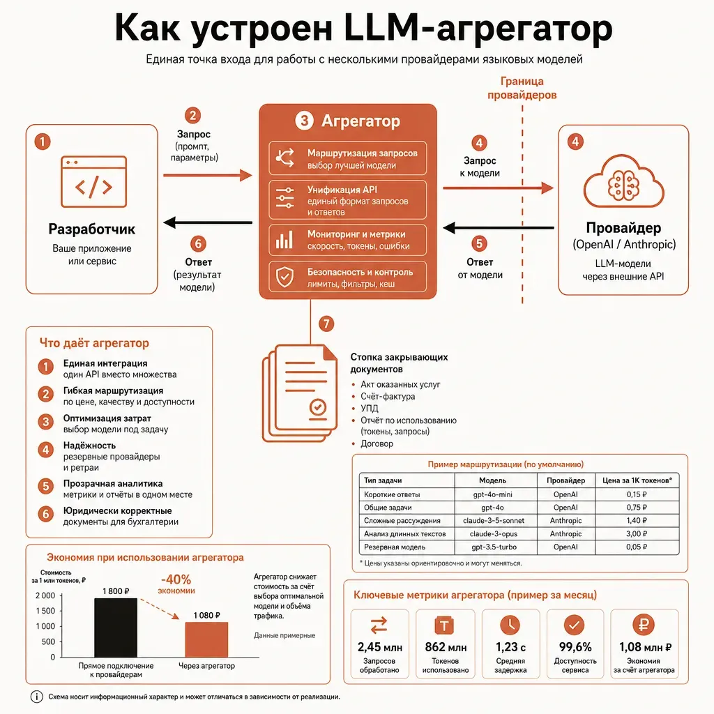 Диаграмма потока запроса: слева силуэт разработчика за ноутбуком, стрелка к прямоугольнику-агрегатору в центре, от него стрелка через условную границу-пунктир к облаку-провайдеру справа, обратная стрелка возвращает ответ, параллельно вниз отходит линия к стопке документов, editorial vector, терракотовые акценты на кремовом фоне