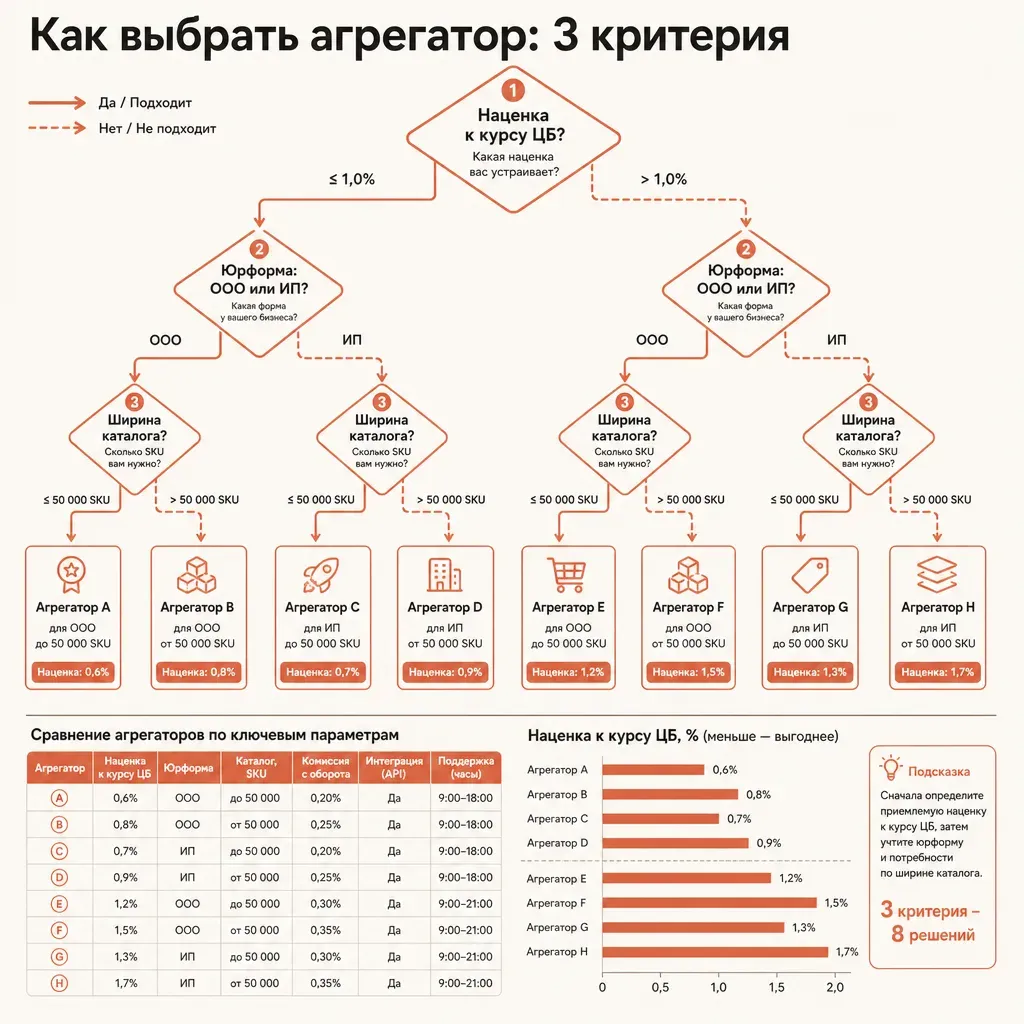 Дерево решений выбора агрегатора: вертикальный flowchart из ромбов-развилок и прямоугольников, ветви расходятся по критериям наценки, юрформы и каталога к нескольким конечным узлам-исходам, чистая схема в стиле minimalist tech diagram, терракотовые линии на кремовом фоне без подписей