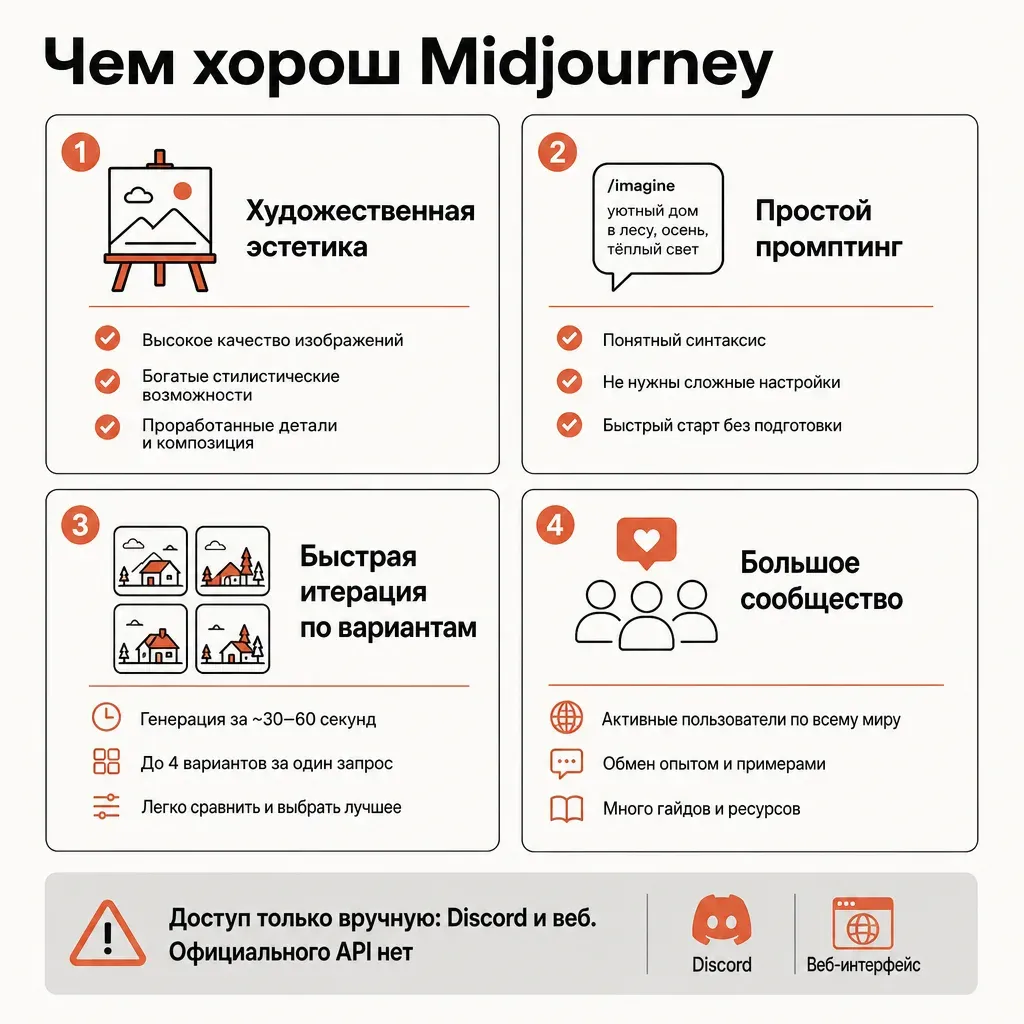 Карточка сильных сторон Midjourney: художественная эстетика, простой промптинг, быстрая итерация по вариантам, большое сообщество — с пометкой, что доступ только через ручной интерфейс Discord и веб, без API, тёплая палитра с терракотовыми акцентами
