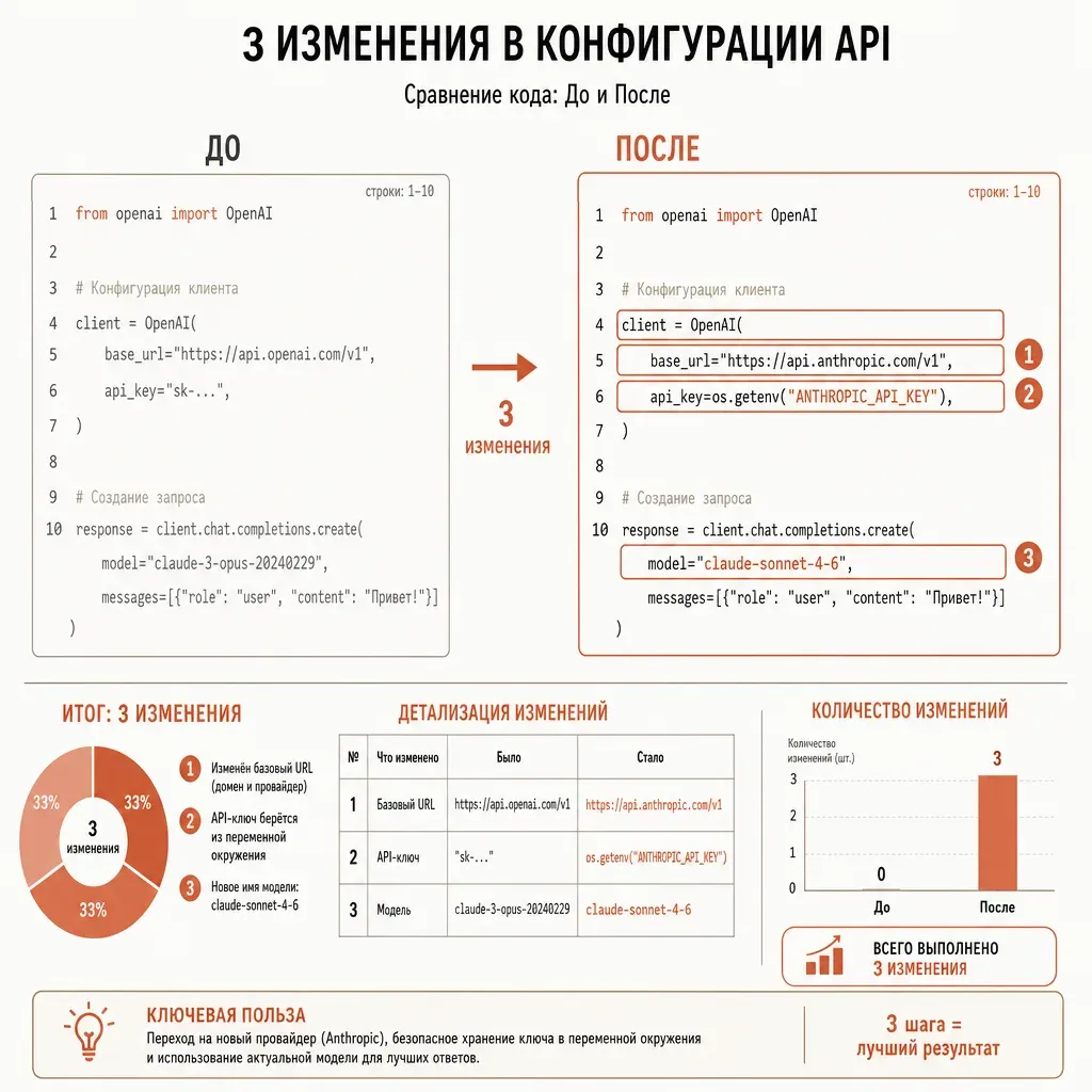 Сравнение двух блоков кода — до и после миграции — со стрелочкой и пометками на изменённых строках: base_url, api_key из переменной окружения, новое имя модели; редакторская подача с подсветкой синтаксиса в кремовой и терракотовой палитре