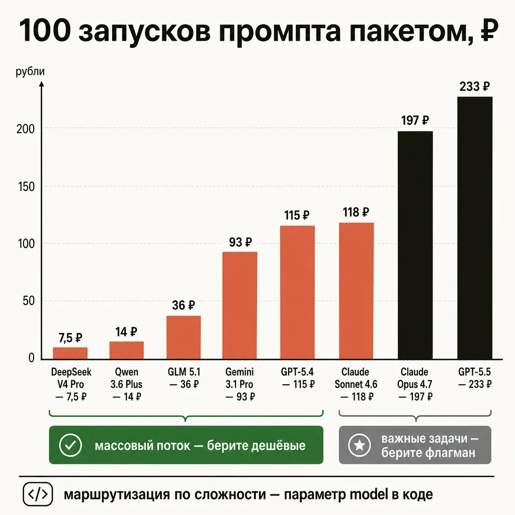 Сравнение стоимости 100 пакетных запусков промпта в рублях для разных моделей: от DeepSeek до GPT-5.5