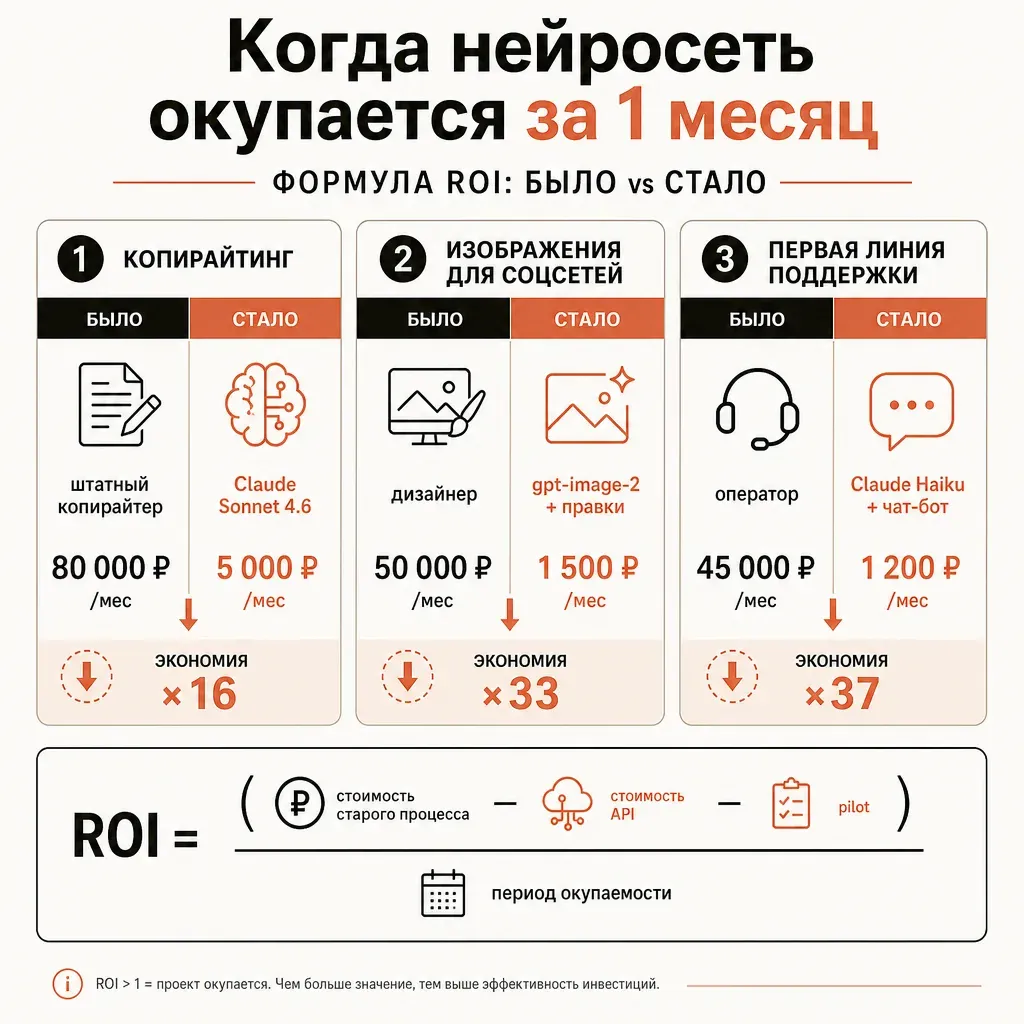 Три ROI-сценария: копирайтер за 80 000 ₽ против Claude Sonnet за 150 ₽, дизайнер за 60 000 ₽ против gpt-image-2 за 900 ₽, оператор саппорта против DeepSeek V4 Pro — с показом экономии
