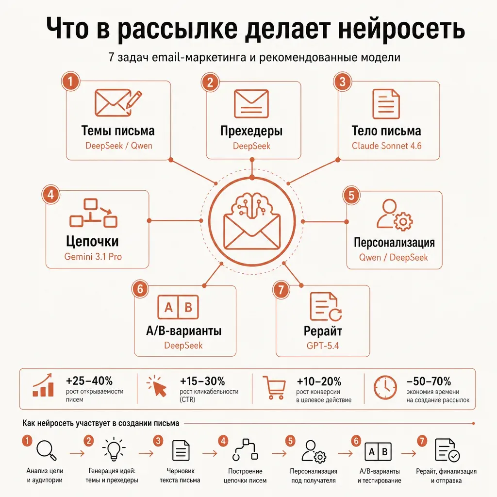Семь задач email-маркетинга, которые закрывает нейросеть: темы письма, прехедеры, тело, цепочки, персонализация, A/B-варианты, рерайт — с указанием модели под каждую