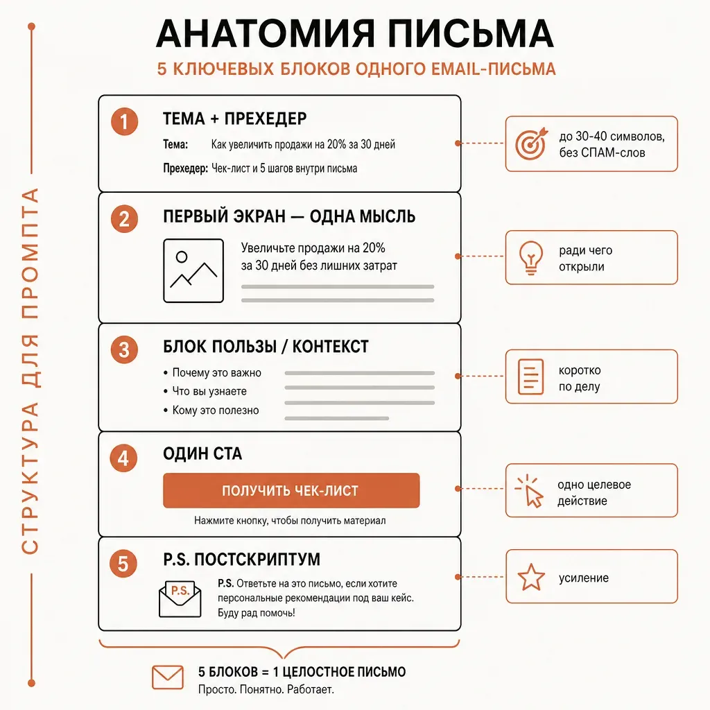 Анатомия письма, собранного нейросетью: тема и прехедер, первый экран с одной мыслью, блок пользы, один CTA, постскриптум — с подсказками для промпта по каждому блоку