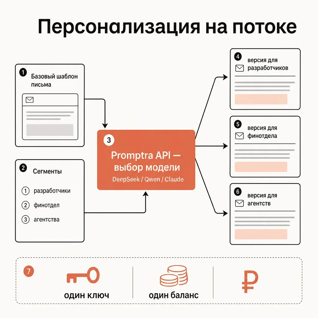 Блок-схема персонализации рассылки через API: базовый шаблон и сегменты на входе, маршрутизация provod.ai в выбранную модель, набор персональных версий письма на выходе
