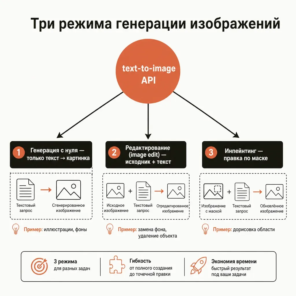 Радиальная схема режимов нейросети для генерации изображений: центральный блок text-to-image API и три ветви — генерация с нуля, редактирование, инпейнтинг по маске, с короткими подписями примеров, тёплая палитра с терракотовыми акцентами