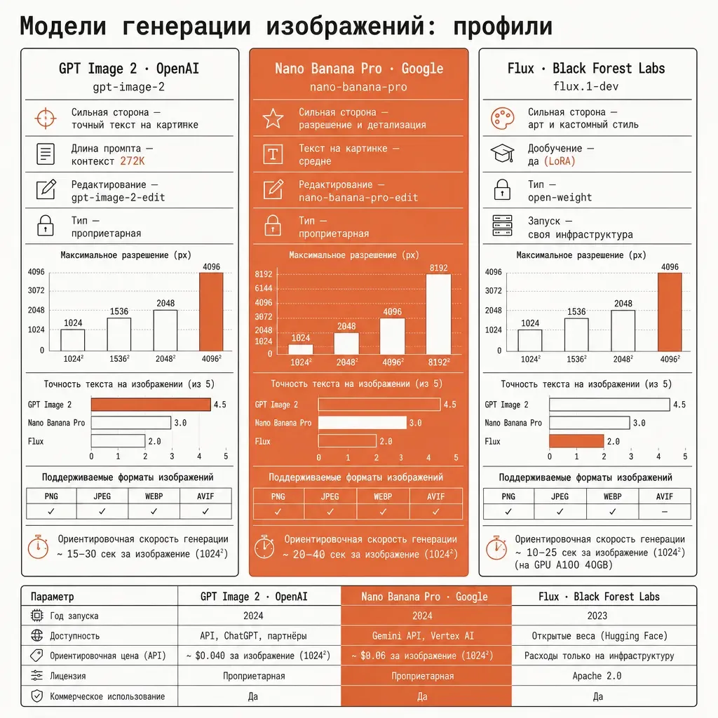 Карточки трёх моделей генерации изображений GPT Image 2, Nano Banana Pro и Flux с подписанными строками сильная сторона, текст на картинке, режим редактирования и тип модели, галочки и акценты терракотового цвета, русские подписи