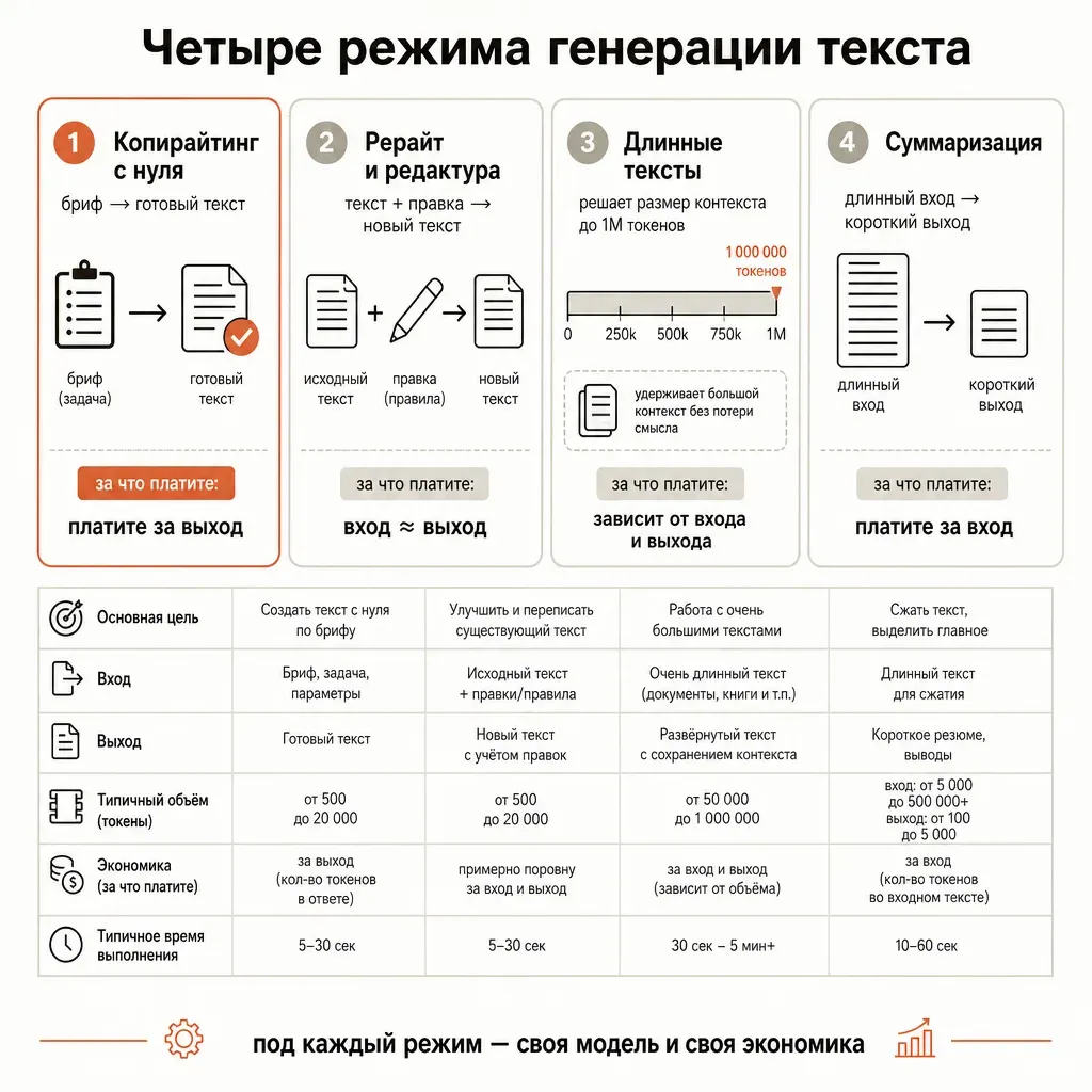 Четыре режима генерации текста — копирайтинг с нуля, рерайт, длинные тексты, суммаризация — с указанием, что в каждом важно и за что идёт оплата