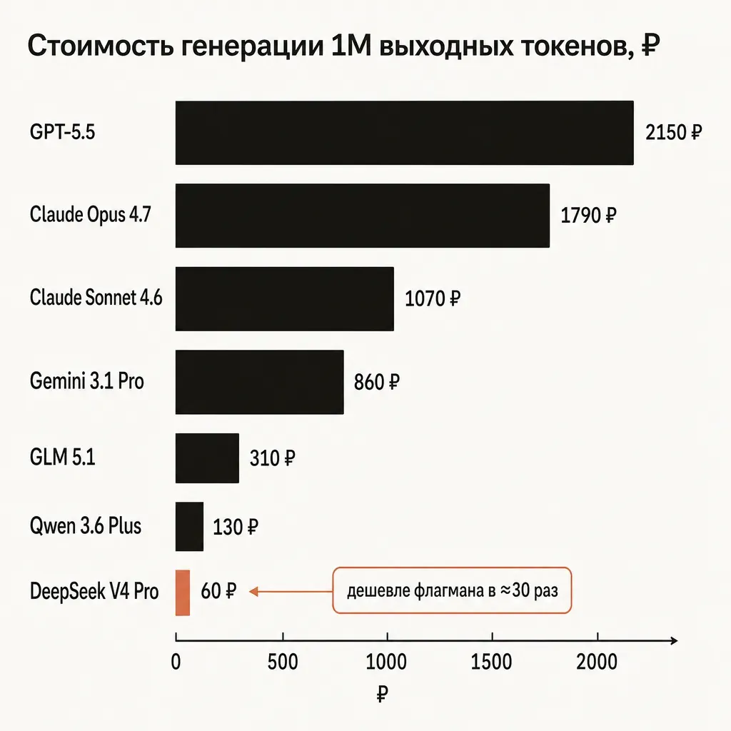Горизонтальная столбчатая диаграмма стоимости генерации 1 млн выходных токенов в рублях: GPT-5.5, Opus 4.7, Sonnet 4.6, Gemini 3.1 Pro, GLM 5.1, Qwen 3.6 Plus, DeepSeek V4 Pro