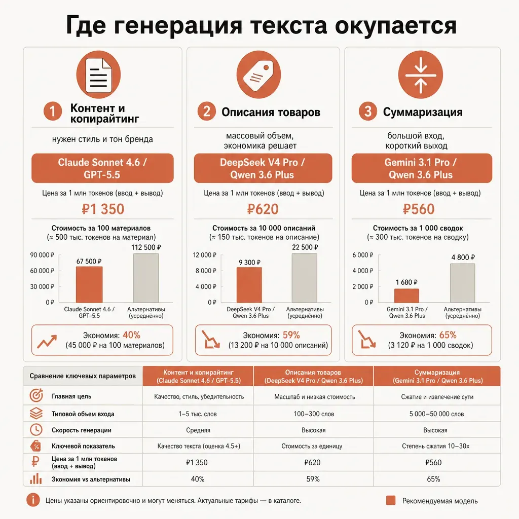 Три колонки сценариев генерации текста: контент и копирайтинг, описания товаров, суммаризация — с рекомендованной моделью и ключевым требованием для каждого
