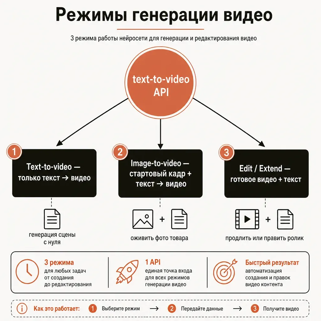 Радиальная схема режимов нейросети для генерации видео: в центре терракотовый блок text-to-video API и три ветви — text-to-video с нуля, image-to-video оживление кадра, расширение и редактирование готового ролика, с короткими подписями примеров, тёплая палитра кремовый и терракота