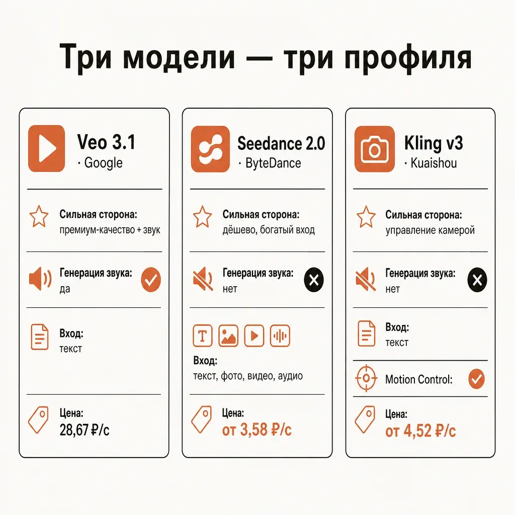 Карточки трёх нейросетей для генерации видео Veo 3.1, Seedance 2.0 и Kling v3 с подписанными строками сильная сторона, генерация звука, вход и цена за секунду в рублях, галочки и акценты терракотового цвета, русские подписи, кремовый фон