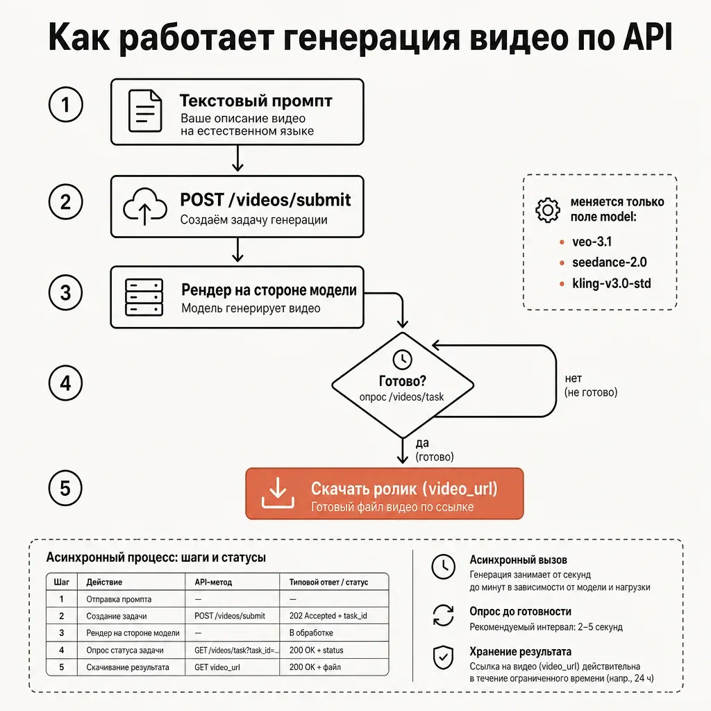 Технологическая блок-схема асинхронного вызова генерации видео: текстовый промпт, далее POST videos submit, далее опрос статуса videos task по кругу до готовности, далее скачать ролик, подпись меняется только поле model, стрелки и подписи на русском, терракотовый акцент на финальном шаге