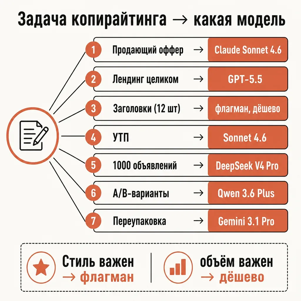 Семь задач копирайтинга, которые закрывает нейросеть: продающие тексты, рекламные объявления, лендинги, заголовки, УТП, email-цепочки, рерайт под боль — с указанием рекомендованной модели для каждой