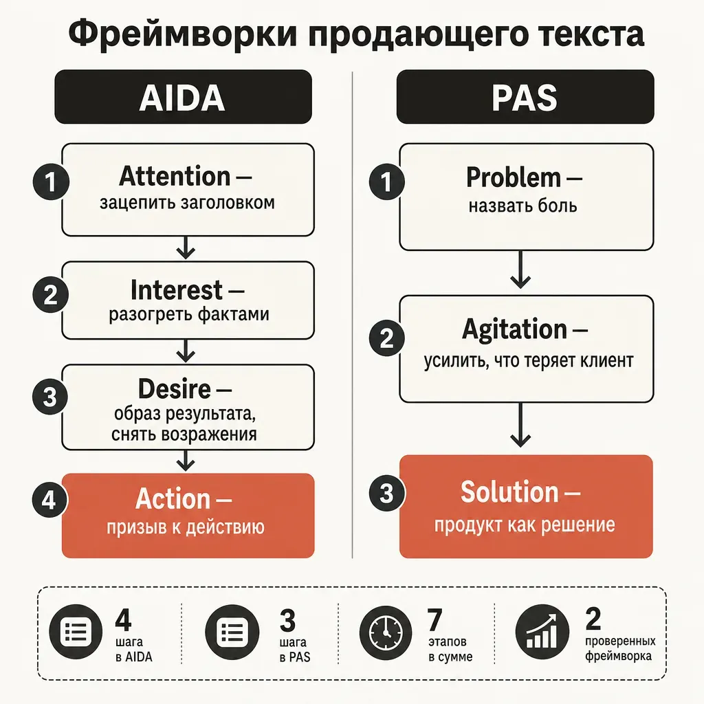 Схема двух копирайтинг-фреймворков: AIDA (внимание, интерес, желание, действие) и PAS (проблема, усиление, решение) с описанием задачи каждого блока продающего текста