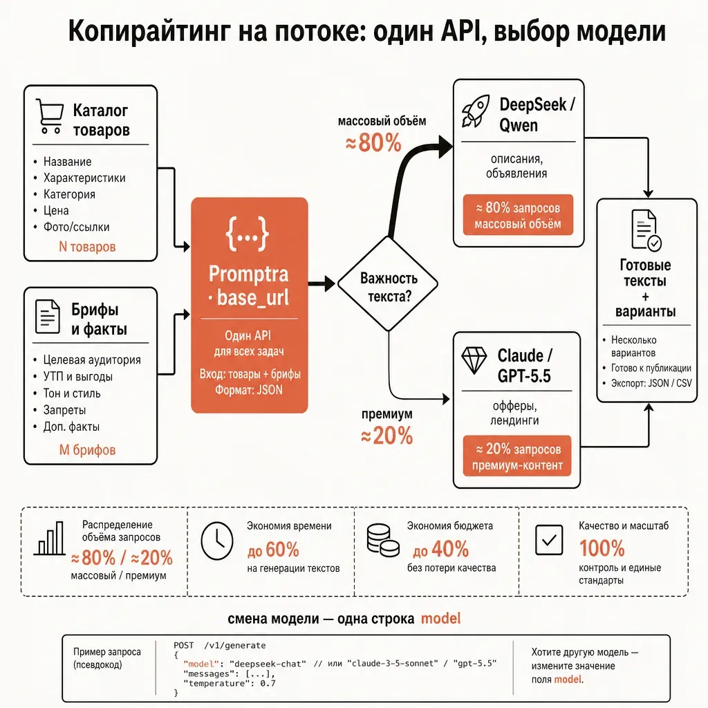 Блок-схема пакетной генерации продающих текстов через API: каталог товаров и брифы на входе, маршрутизация provod.ai в дешёвую модель для массового объёма и флагман для премиум-позиций, готовые тексты на выходе