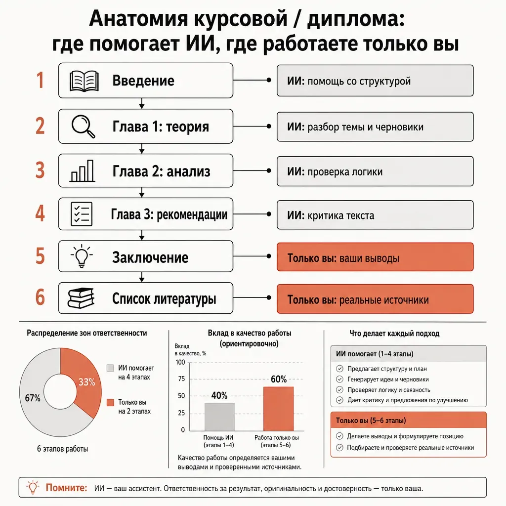 Анатомия академической работы — введение, главы, выводы — и где в этой структуре ИИ помогает, а где работаете только вы