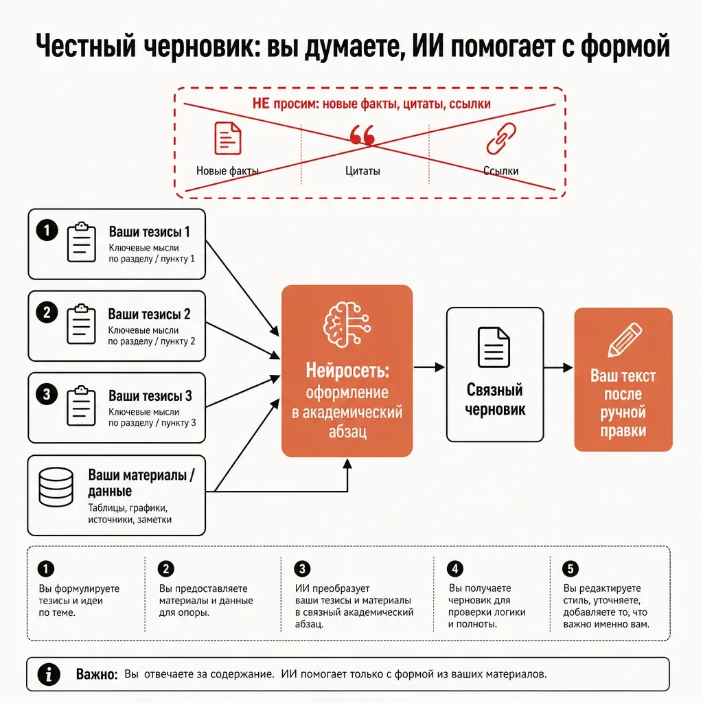 Схема честного черновика главы: ваши тезисы и материалы на входе, нейросеть помогает с формой, на выходе — ваш текст, не машинный