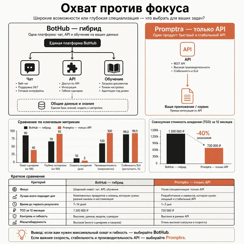 Сравнительная схема двух подходов: слева широкий блок «Гибрид» с тремя ответвлениями-иконками (чат, API, обучение) как символ охвата; справа узкий вертикальный блок «Только API» с одной чёткой стрелкой к документу как символ фокуса; подписи на русском, тёплая палитра