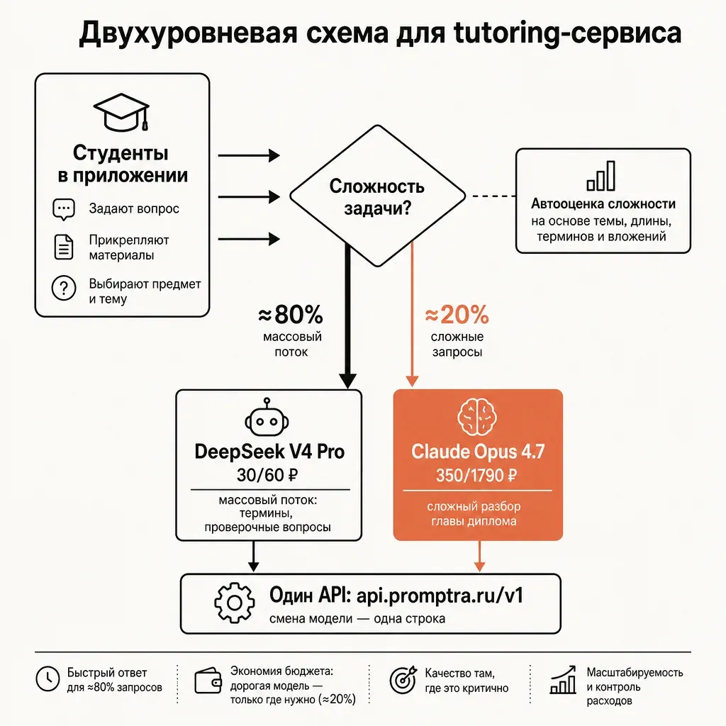 Двухуровневая схема tutoring-сервиса через API: массовые задачи идут через дешёвую модель, сложный разбор — через флагман, всё через один endpoint provod.ai
