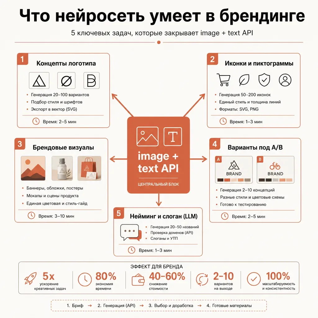 Радиальная схема задач нейросети в брендинге: центральный блок image и text API и пять ветвей — концепты логотипа, иконки и пиктограммы, брендовые визуалы, варианты под A/B, нейминг и слоган через LLM, тёплая палитра с терракотовыми акцентами и русскими подписями