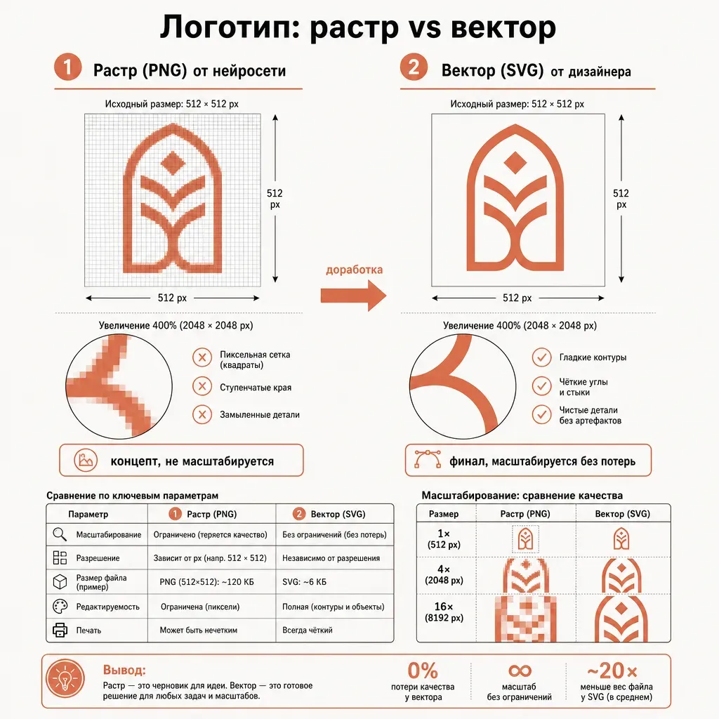 Сравнительная схема растр против вектора для логотипа: слева пиксельная картинка PNG от нейросети с замыленными краями при увеличении и пометкой концепт, справа чистый масштабируемый вектор SVG от дизайнера с пометкой финал, стрелка доработки между ними, терракотовые акценты и русские подписи