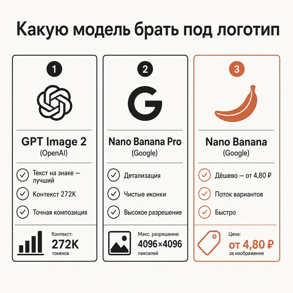 Три карточки моделей для логотипа: GPT Image 2 с пометкой лучший текст на знаке и контекст 272K, Nano Banana Pro с пометкой детализация и чистые иконки, базовая Nano Banana с пометкой дешёвый поток вариантов, галочки и терракотовые акценты, русские подписи