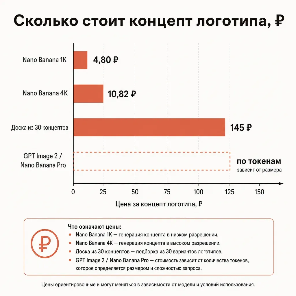Горизонтальная столбчатая диаграмма цены за один концепт логотипа в рублях: Nano Banana 1K 4,80 рубля терракотовым, доска из 30 концептов 145 рублей, Nano Banana 4K 10,82 рубля, флагманы GPT Image 2 и Nano Banana Pro с пометкой по токенам, заголовок и подписи на русском, кремовый фон