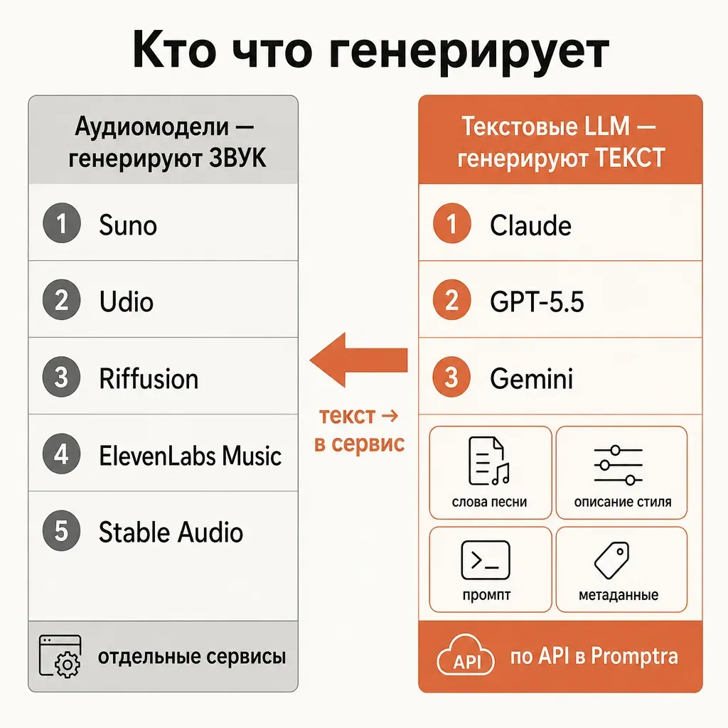 Две колонки разграничения: слева аудиомодели Suno, Udio, Riffusion генерируют звук; справа текстовые LLM Claude, GPT, Gemini генерируют слова песни, описание стиля, промпт и метаданные; стрелка от текста к звуку