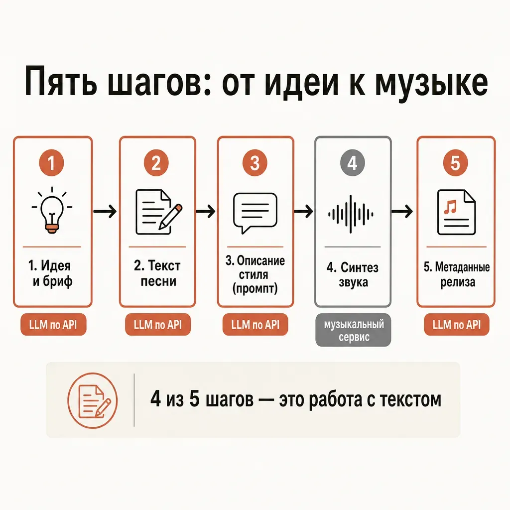 Горизонтальный флоучарт музыкального пайплайна из пяти шагов: идея и бриф, текст песни, описание стиля, синтез звука, метаданные релиза; шаги 1, 2, 3, 5 помечены как работа LLM терракотовым, шаг 4 — работа аудиосервиса