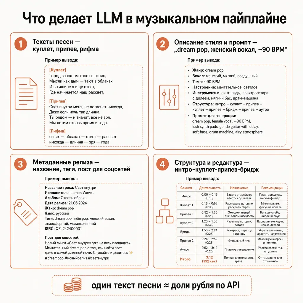 Схема: что генерирует LLM в музыкальном пайплайне — четыре подписанных блока (текст песни, описание стиля и промпт, метаданные релиза, структура и редактура) с примерами вывода для каждого