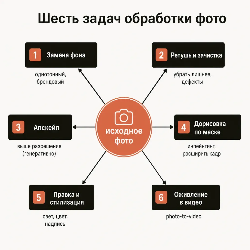 Радиальная схема задач обработки фото нейросетью: центральный блок «исходное фото» и шесть ветвей к подписанным прямоугольникам — замена фона, ретушь и зачистка, апскейл, дорисовка по маске, правка и стилизация, оживление в видео, с короткими подписями-примерами, терракотовые акценты на кремовом фоне, русские подписи