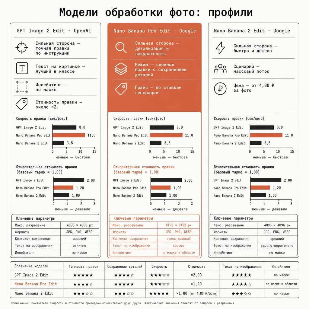 Три карточки моделей обработки фото: GPT Image 2 Edit (OpenAI) со строками точная правка по инструкции, текст на картинке, инпейнтинг по маске, стоимость правки ×2; Nano Banana Pro Edit (Google) со строками детализация и аккуратность, сложные правки с сохранением деталей, прайс по ставкам генерации; Nano Banana 2 Edit со строками быстро и дёшево, массовый поток, явная цена за изображение; галочки и терракотовые акценты, моноширинные id моделей, кремовый фон, русские подписи