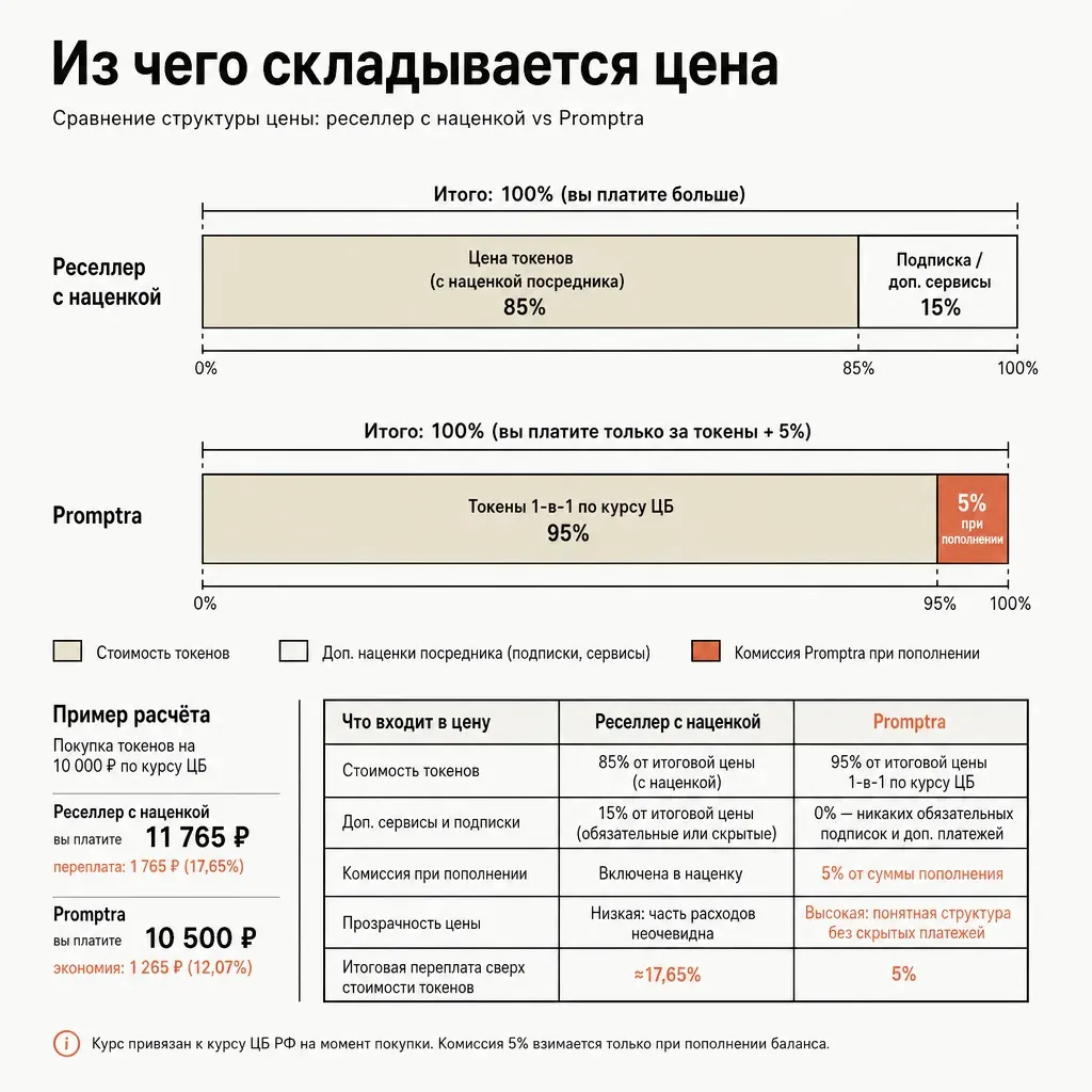 Две горизонтальные шкалы-полосы как два прайса: левая разбита на длинный сегмент «токены» и отдельный блок «подписка/доп.сервисы», правая цельная полоса «токены 1-в-1» с тонким хвостом «5% при пополнении»; визуальное сравнение структуры цены, подписи на русском, тёплые тона терракоты и кремового