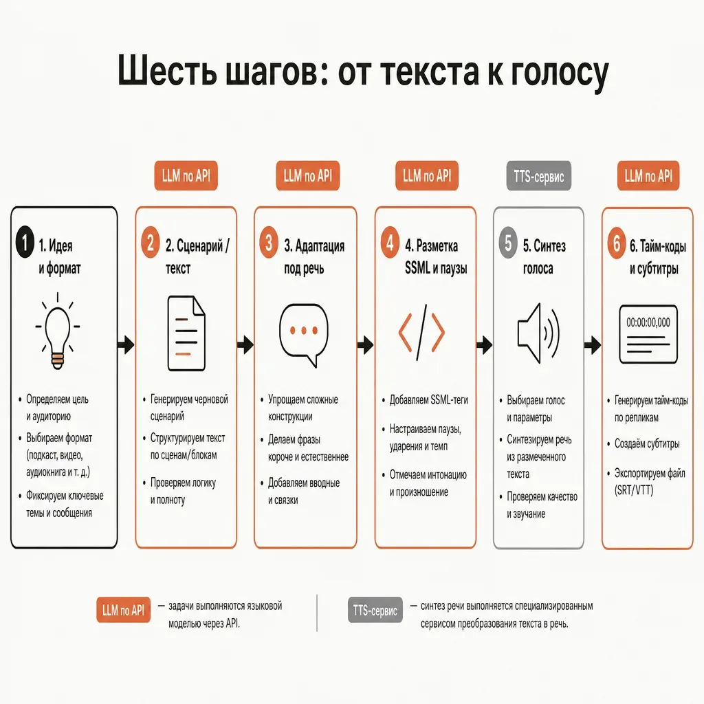 Горизонтальный флоучарт пайплайна озвучки из шести шагов: идея и формат, сценарий, адаптация под речь, разметка SSML, синтез голоса, тайм-коды; шаги 2, 3, 4, 6 помечены как работа LLM терракотовым, шаг 5 — работа TTS-сервиса