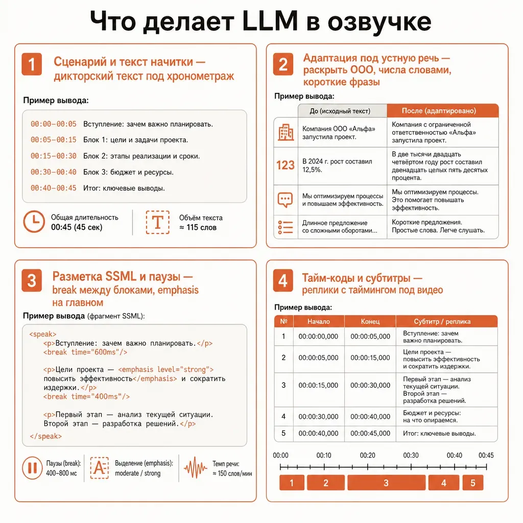 Схема: что делает LLM в озвучке — четыре подписанных блока (сценарий и текст, адаптация под устную речь, разметка SSML и паузы, тайм-коды и субтитры) с примерами вывода для каждого