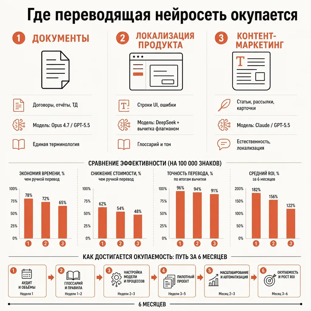 Три колонки кейсов перевода: документы, локализация продукта, контент-маркетинг — с рекомендованной моделью и ключевым требованием для каждого