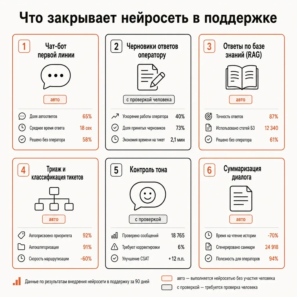 Карта задач поддержки, которые закрывает нейросеть, в виде сетки из шести подписанных карточек на тёплом фоне: чат-бот первой линии, черновики ответов оператору, ответы по базе знаний RAG, триаж и классификация тикетов, контроль тона, суммаризация диалога; у каждой карточки короткая подпись и пометка уровня автономии авто или с проверкой человека, подписи на русском, акценты терракотовым
