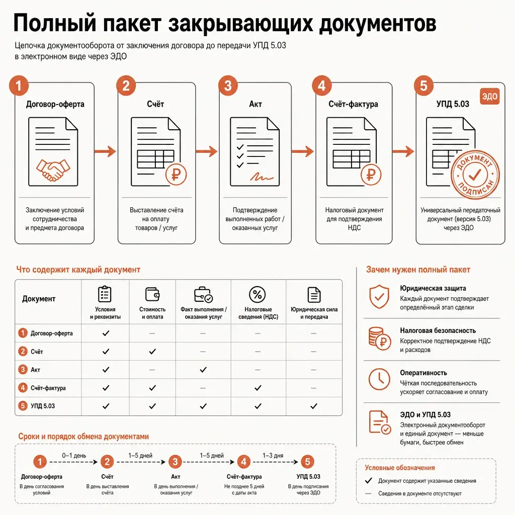 Поток документооборота как горизонтальная цепочка из пяти связанных прямоугольных карточек с подписями «договор», «счёт», «акт», «счёт-фактура», «УПД 5.03», идущих слева направо со стрелками между ними, последняя карточка с символом печати и значком ЭДО, тёплые кремово-терракотовые тона