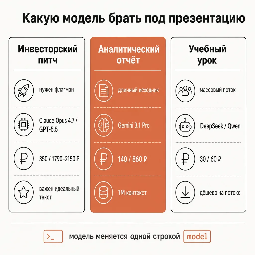 Три колонки сценариев генерации контента презентаций — инвесторский питч, аналитический отчёт, учебный урок — с рекомендованной моделью, ценой в рублях и ключевым требованием для каждого