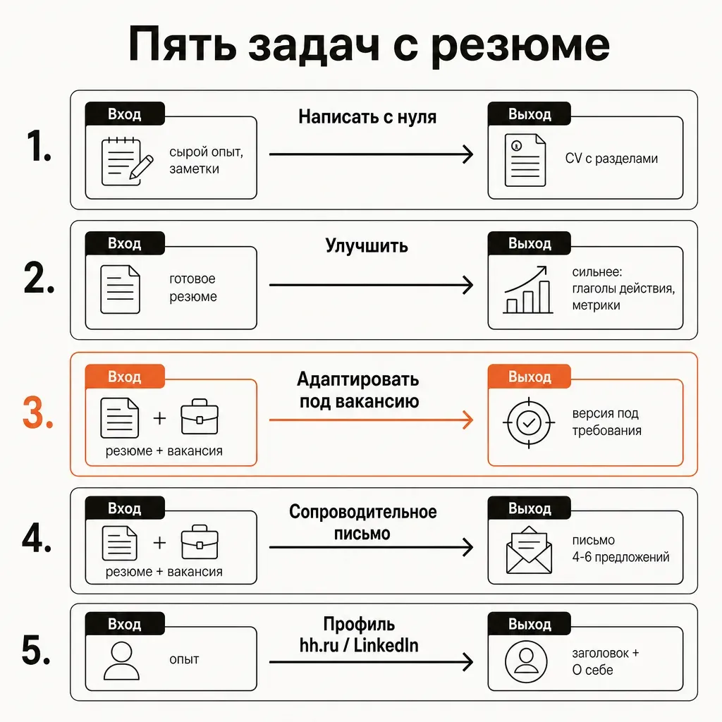 Карта пяти задач с резюме: написать с нуля, улучшить, адаптировать под вакансию, сопроводительное письмо, профиль hh.ru и LinkedIn — с указанием, что подаётся на вход и что получается на выходе