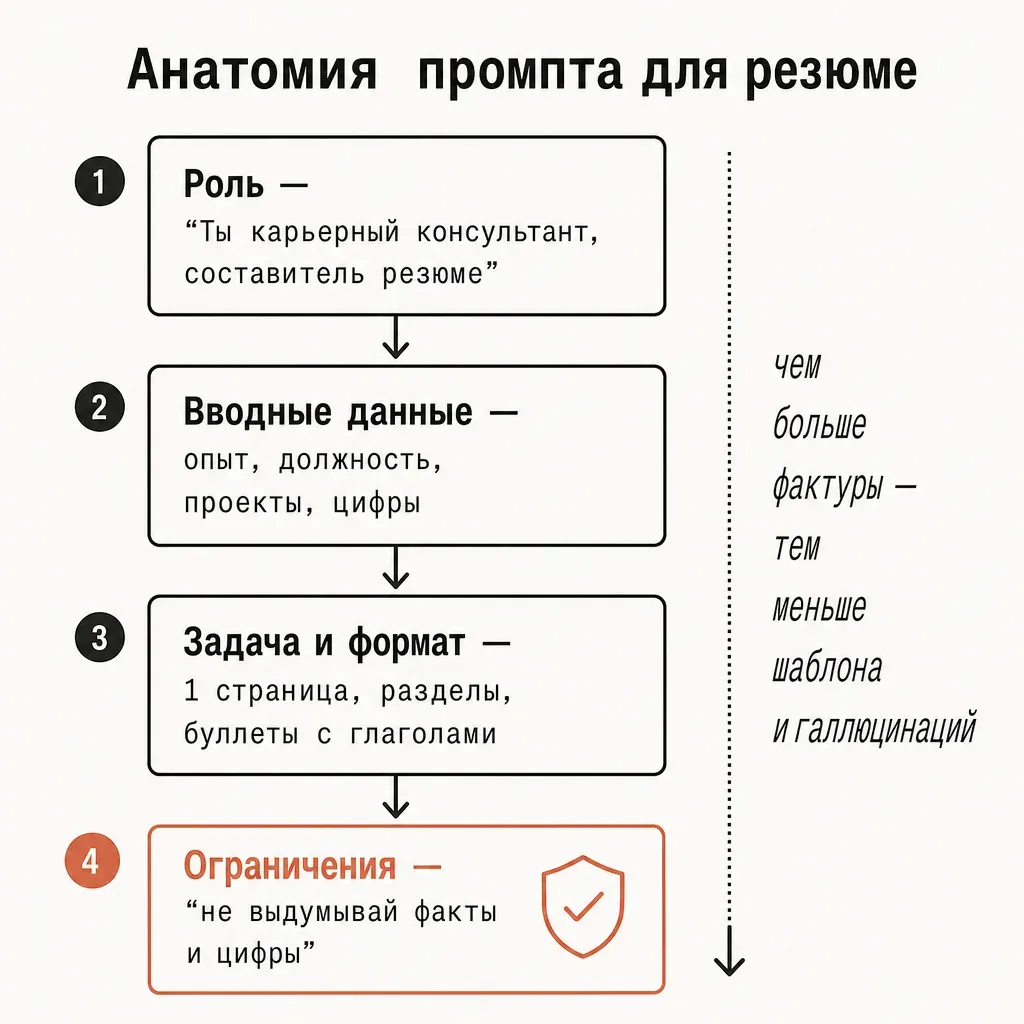 Схема «Анатомия промпта для резюме»: четыре подписанных блока — Роль модели, Вводные данные, Задача и формат, Ограничения «не выдумывай факты» — с примерами содержимого каждого блока