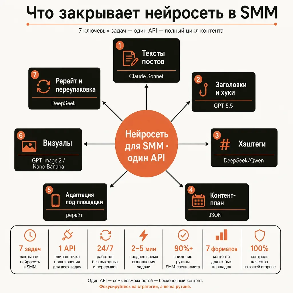 Семь задач SMM, которые закрывает нейросеть: тексты постов, заголовки, хэштеги, контент-план, адаптация под площадки, визуалы, рерайт — с указанием модели под каждую