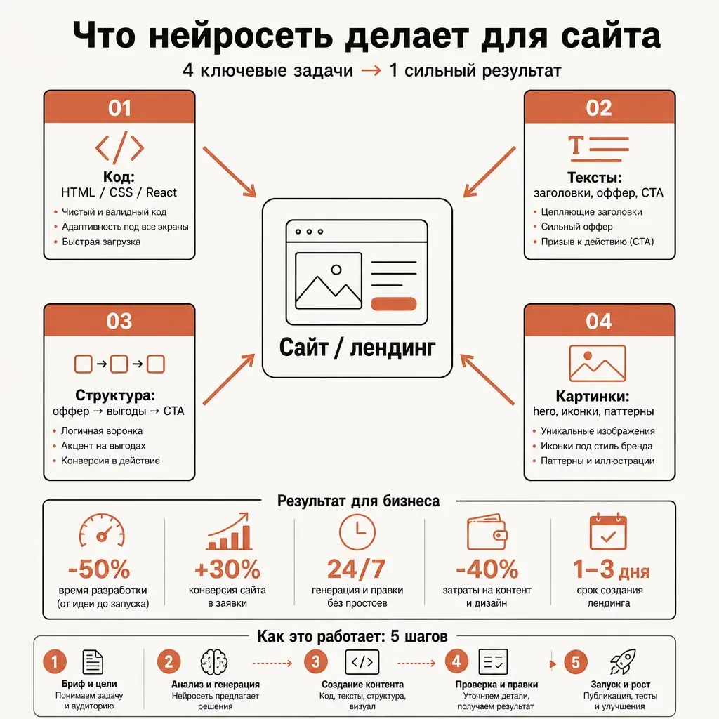 Инфографика «Что нейросеть делает для сайта»: четыре подписанных прямоугольника по кругу вокруг центрального блока «Лендинг» — «Код: HTML, CSS, React», «Тексты: заголовки, оффер, CTA», «Структура: порядок блоков», «Картинки: hero, иконки», стрелки от каждого блока к центру, акцент терракотовый, кремовый фон, подписи на русском, плоский вектор