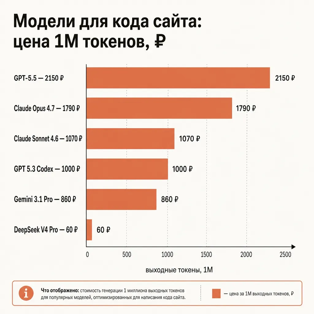 Горизонтальная столбчатая диаграмма стоимости 1 млн выходных токенов в рублях для моделей под создание сайта: заголовок «Модели для кода сайта: цена 1М токенов, ₽», столбцы GPT-5.5 2150 рублей, Claude Opus 4.7 1790 рублей, Claude Sonnet 4.6 1070 рублей, GPT 5.3 Codex 1000 рублей, Gemini 3.1 Pro 860 рублей, DeepSeek V4 Pro 60 рублей терракотовым, подписи на русском, кремовый фон, плоский вектор