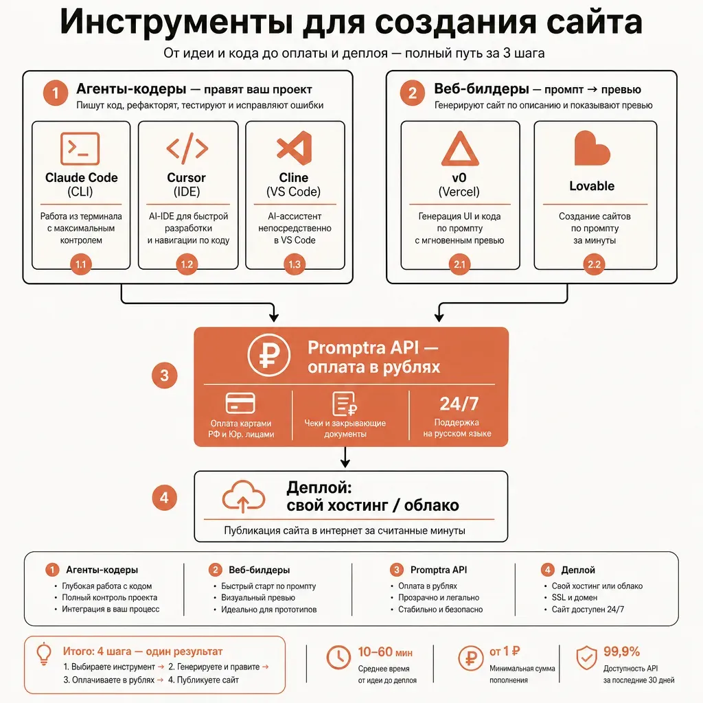 Блок-схема двух классов инструментов для создания сайта: слева верхняя ветка «Агенты-кодеры» с подписанными блоками «Claude Code», «Cursor», «Cline» и пометкой «правят ваш проект»; справа нижняя ветка «Веб-билдеры» с блоками «v0 (Vercel)», «Lovable» и пометкой «промпт → превью»; обе ветки стрелками сходятся в центральный блок «provod.ai API (рубли)», подписи на русском, акцент терракотовый, кремовый фон, плоский вектор
